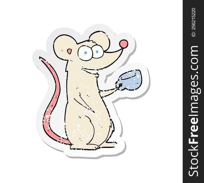 retro distressed sticker of a cartoon mouse with cup of tea