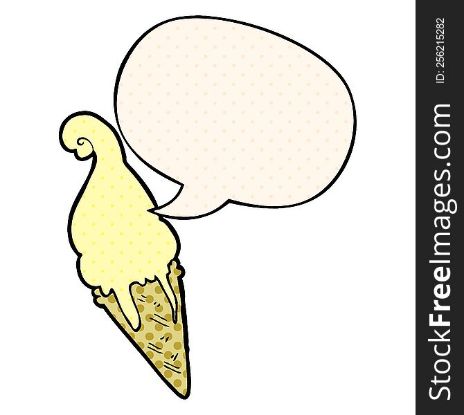 cartoon ice cream with speech bubble in comic book style