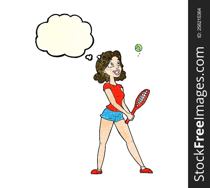 Cartoon Woman Playing Tennis With Thought Bubble