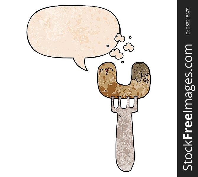 Cartoon Sausage On Fork And Speech Bubble In Retro Texture Style