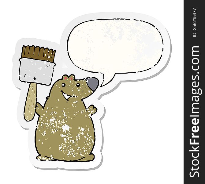 Cartoon Bear And Paint Brush And Speech Bubble Distressed Sticker