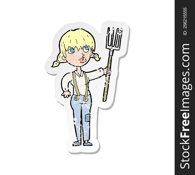 Retro Distressed Sticker Of A Cartoon Farmer Girl