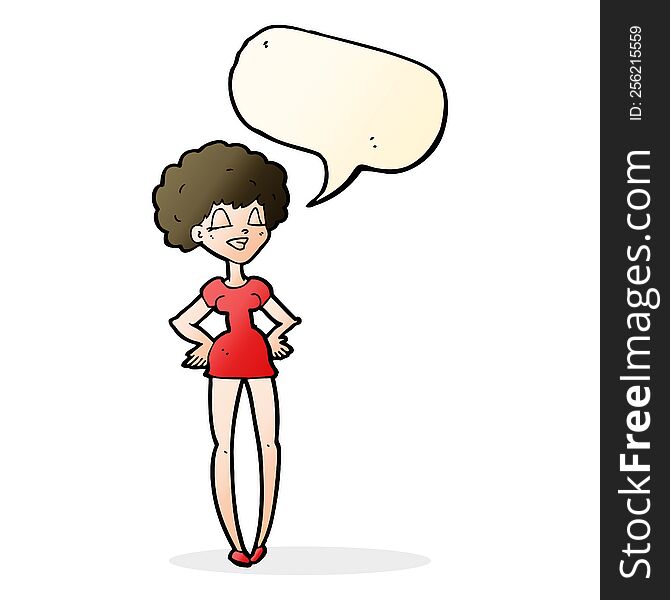 Cartoon Happy Woman With Hands On Hips With Speech Bubble