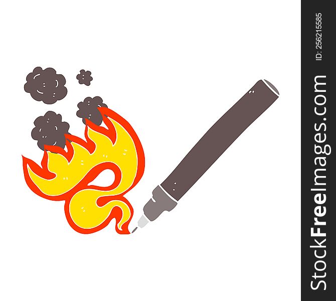 Flat Color Illustration Of A Cartoon Flaming Pen
