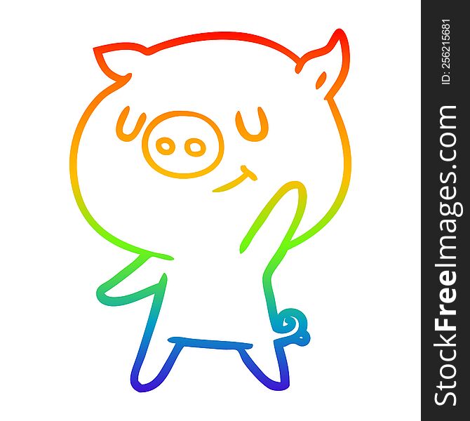 rainbow gradient line drawing of a happy cartoon pig waving