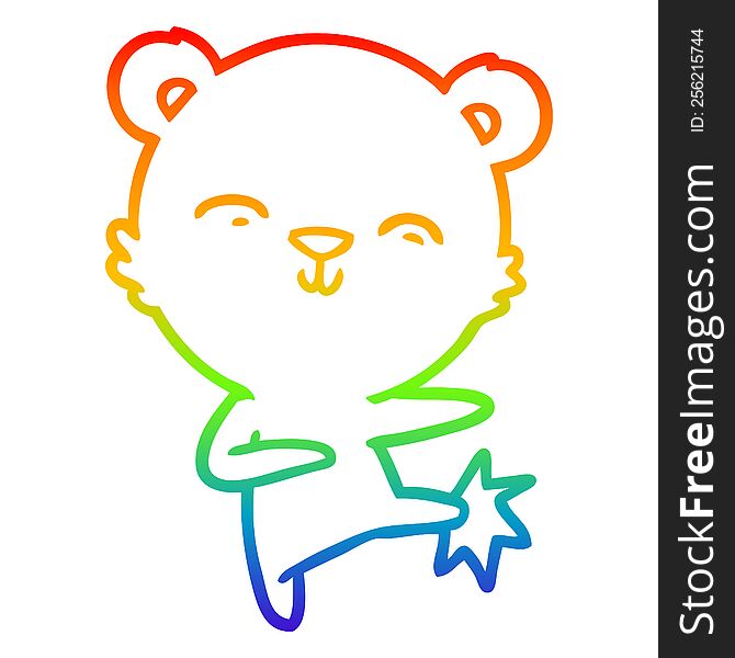 rainbow gradient line drawing of a happy cartoon polar bear kicking
