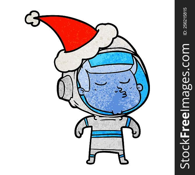 hand drawn textured cartoon of a confident astronaut wearing santa hat