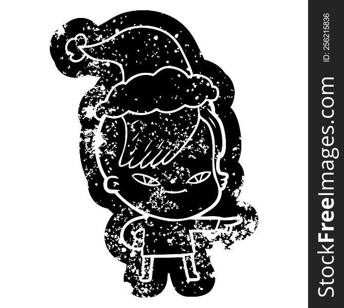 Cute Cartoon Distressed Icon Of A Girl With Hipster Haircut Wearing Santa Hat