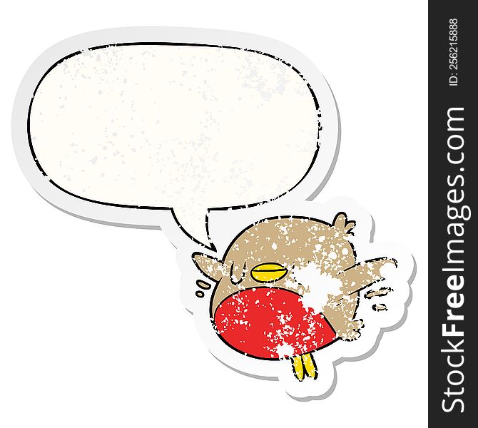 cute cartoon christmas robin with speech bubble distressed distressed old sticker. cute cartoon christmas robin with speech bubble distressed distressed old sticker