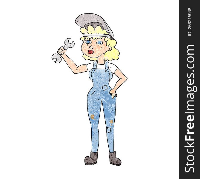 freehand textured cartoon woman with spanner