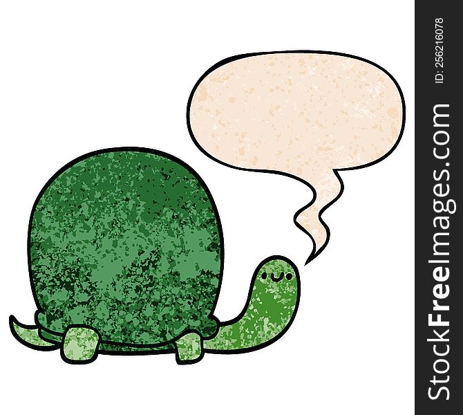 Cute Cartoon Tortoise And Speech Bubble In Retro Texture Style