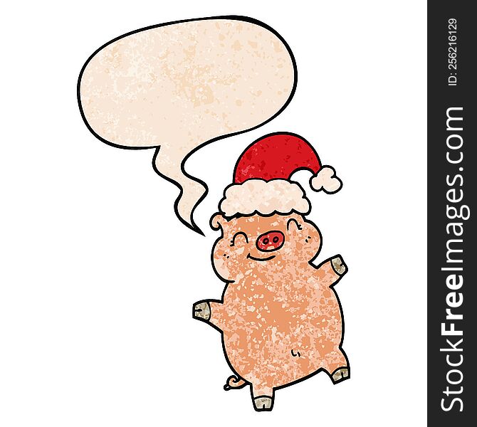 Cartoon Happy Christmas Pig And Speech Bubble In Retro Texture Style