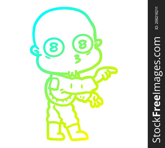 cold gradient line drawing of a cartoon weird bald spaceman pointing