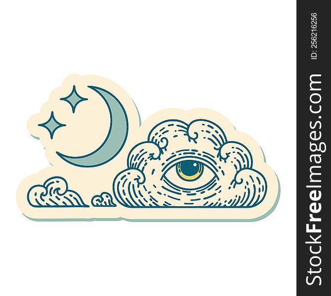 Tattoo Style Sticker Of A Moon Stars And Cloud