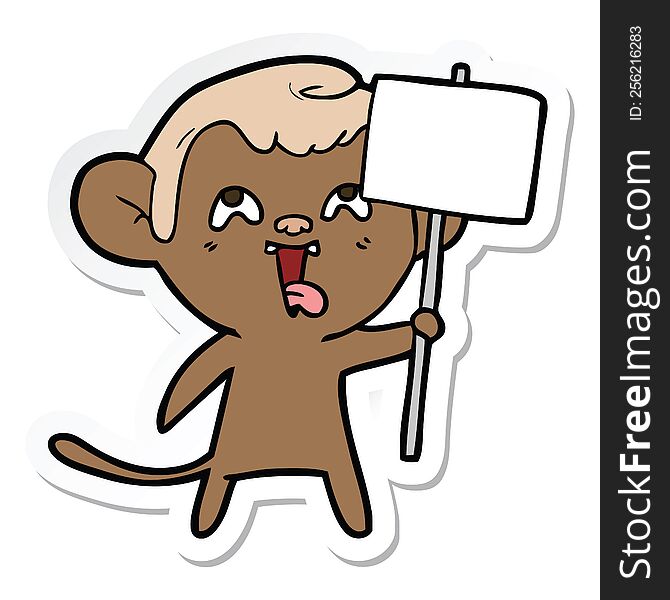 Sticker Of A Crazy Cartoon Monkey With Sign
