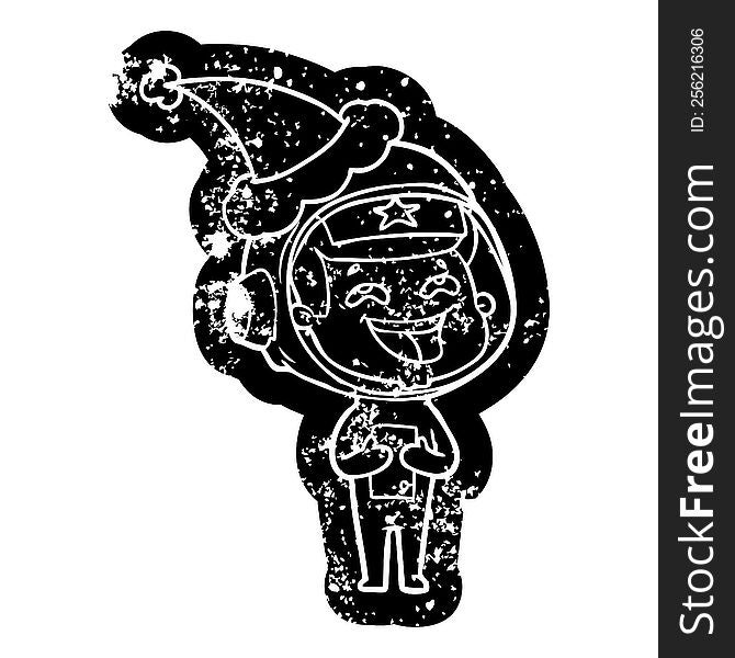 Cartoon Distressed Icon Of A Laughing Astronaut Wearing Santa Hat