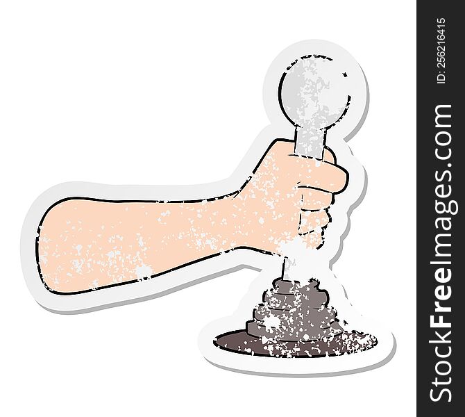 Distressed Sticker Of A Cartoon Hand Pulling Lever