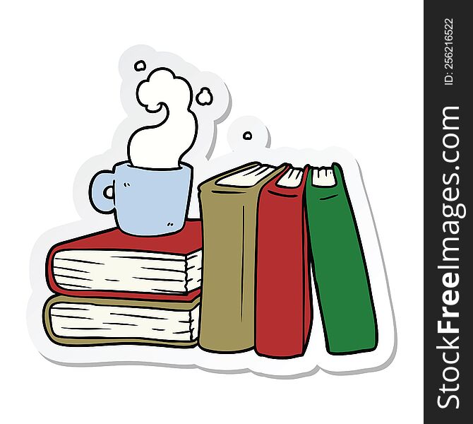 Sticker Of A Cartoon Coffee Cup And Study Books