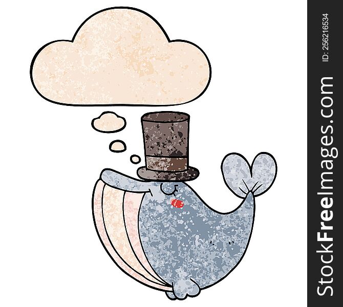 Cartoon Whale With Top Hat And Thought Bubble In Grunge Texture Pattern Style