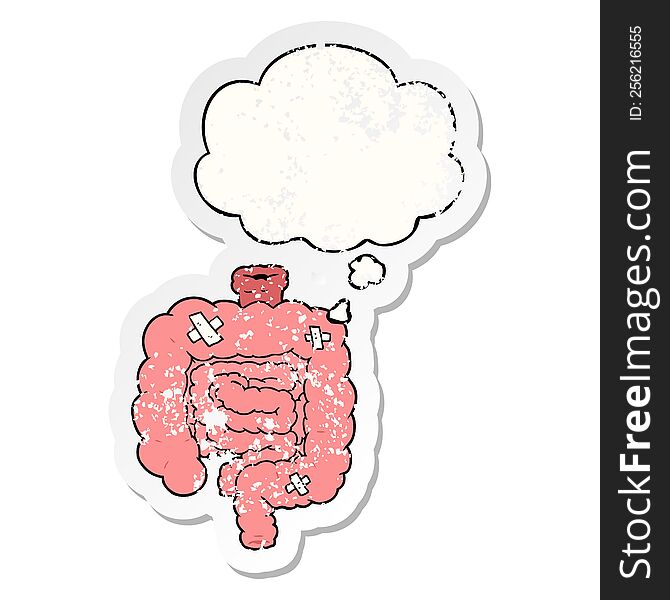 Cartoon Repaired Intestines And Thought Bubble As A Distressed Worn Sticker