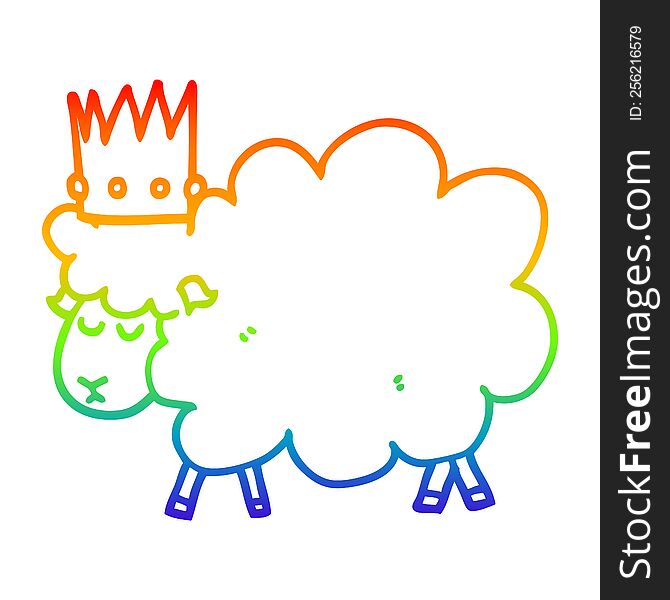 Rainbow Gradient Line Drawing Cartoon Sheep Wearing Crown