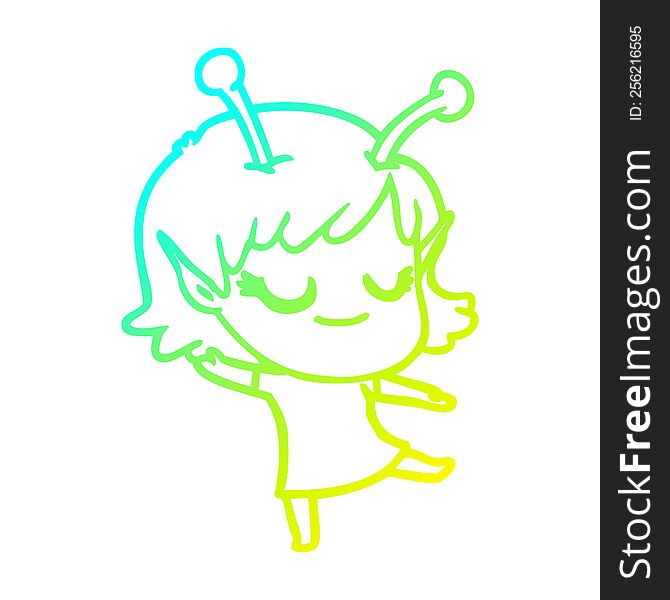 cold gradient line drawing of a smiling alien girl cartoon