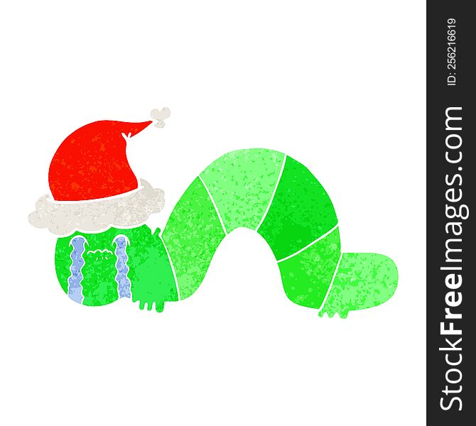 hand drawn retro cartoon of a caterpillar obsessing over his regrets wearing santa hat