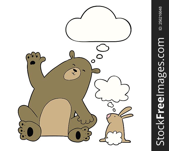 Cartoon Bear And Rabbit Friends And Thought Bubble