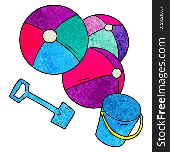 textured cartoon doodle beach balls with a bucket and spade