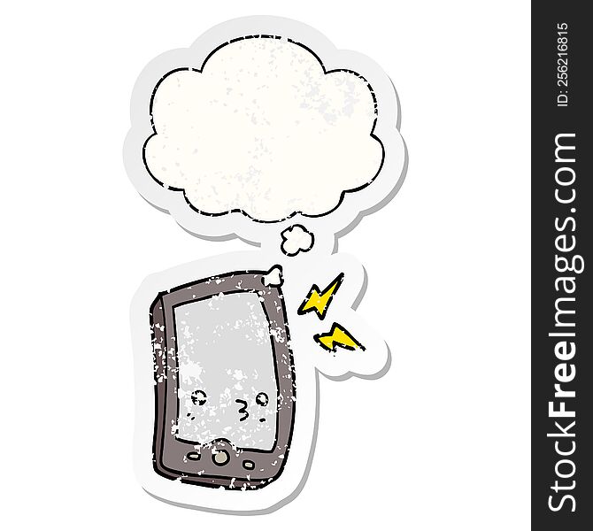 Cartoon Mobile Phone And Thought Bubble As A Distressed Worn Sticker