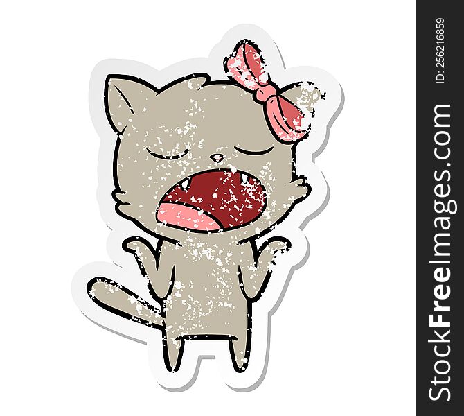 distressed sticker of a cartoon yawning cat shrugging shoulders