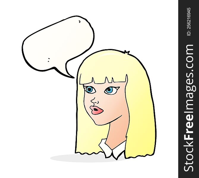 Cartoon Pretty Girl With Long Hair With Speech Bubble