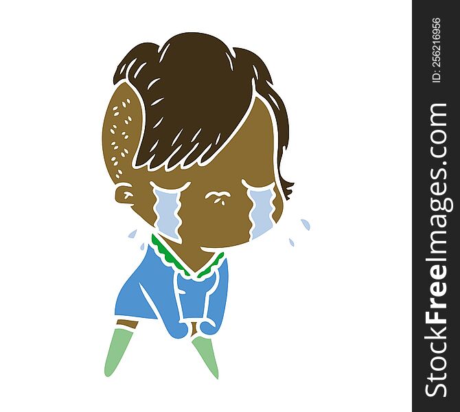 Flat Color Style Cartoon Crying Girl