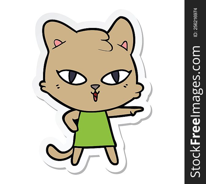 Sticker Of A Cartoon Cat In Dress Pointing