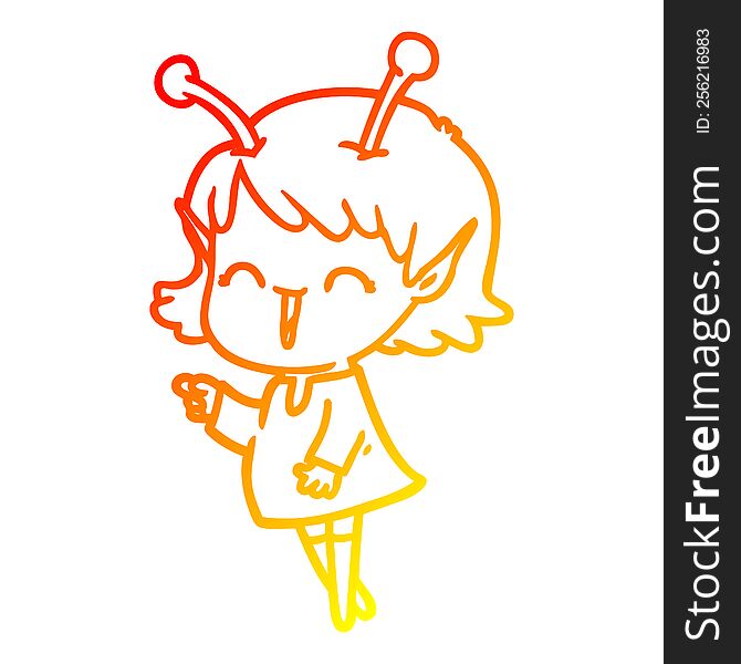 warm gradient line drawing of a cartoon alien girl laughing