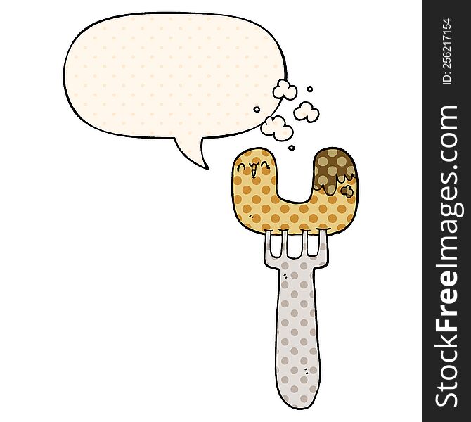 Cartoon Sausage On Fork And Speech Bubble In Comic Book Style