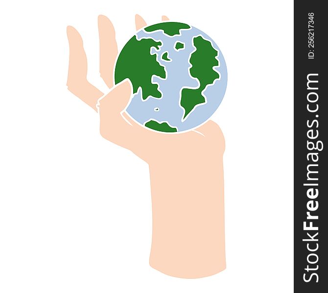 Flat Color Style Cartoon Hand Holding Whole Earth