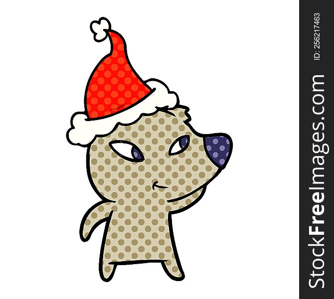 Cute Comic Book Style Illustration Of A Bear Wearing Santa Hat