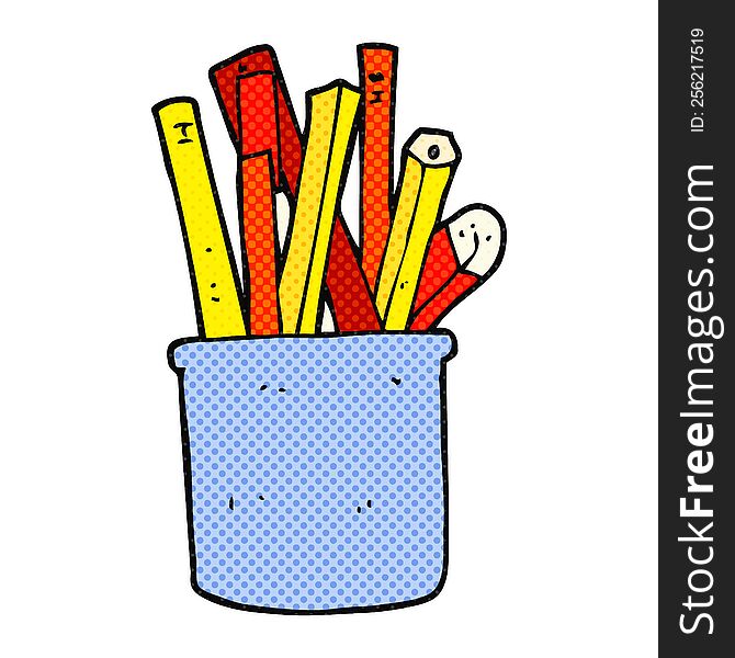 freehand drawn cartoon desk pot of pencils and pens