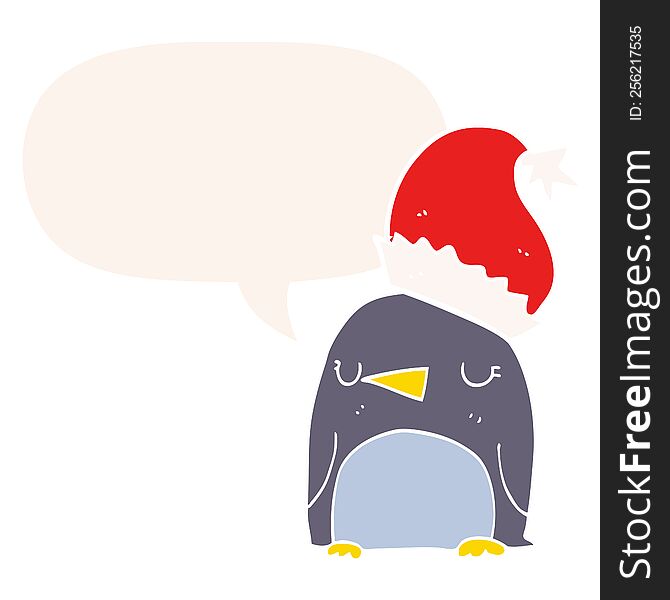 Cute Christmas Penguin And Speech Bubble In Retro Style