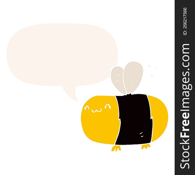 Cute Cartoon Bee And Speech Bubble In Retro Style