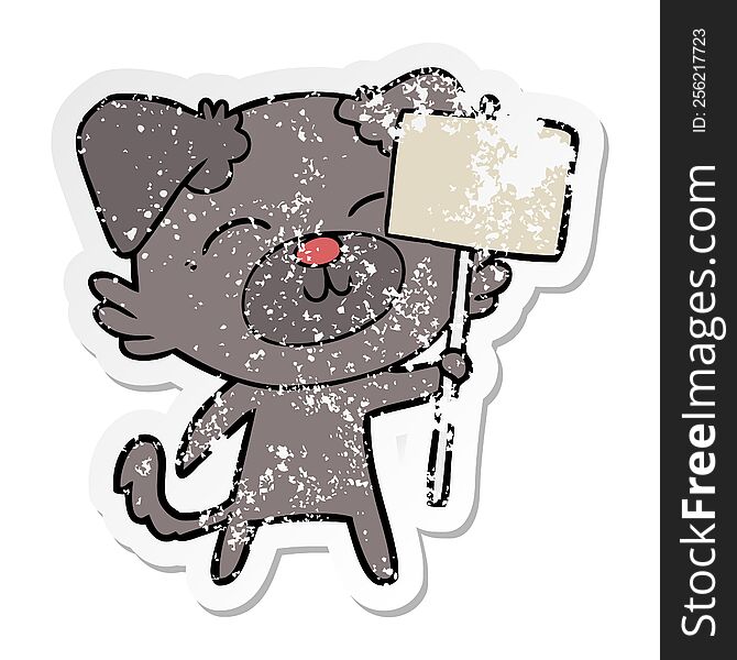 distressed sticker of a cartoon dog with protest sign