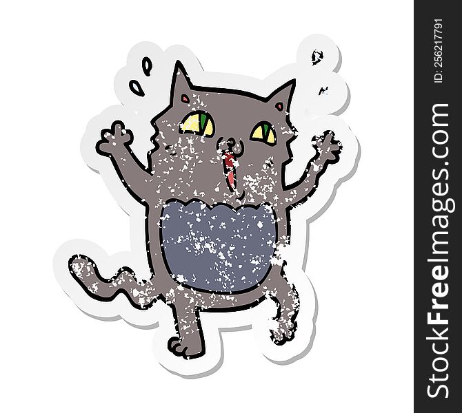 Distressed Sticker Of A Cartoon Crazy Excited Cat