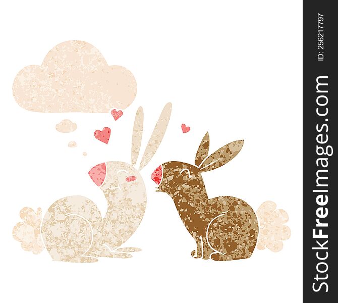 cartoon rabbits in love with thought bubble in grunge distressed retro textured style. cartoon rabbits in love with thought bubble in grunge distressed retro textured style