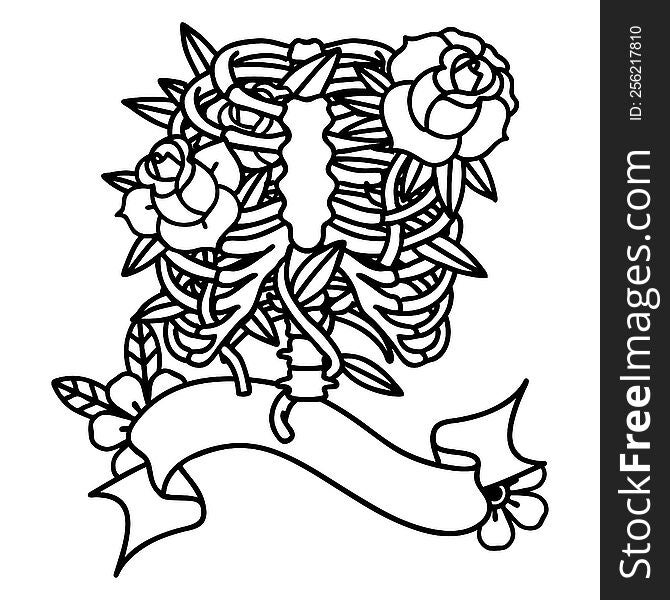 traditional black linework tattoo with banner of a rib cage and flowers