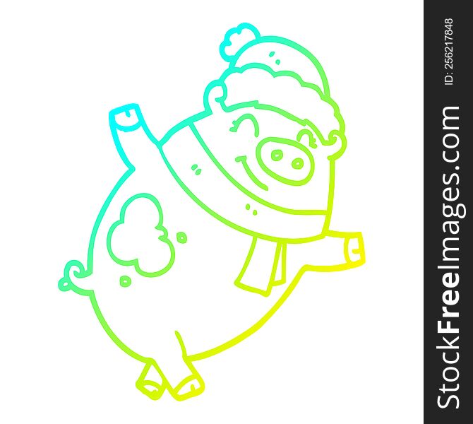 Cold Gradient Line Drawing Cartoon Pig Wearing Christmas Hat