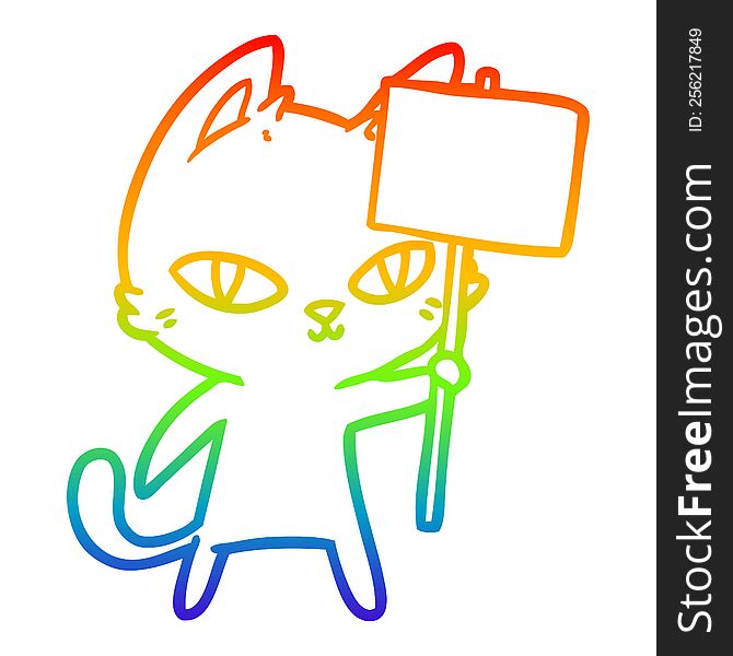 Rainbow Gradient Line Drawing Cartoon Cat Waving Sign