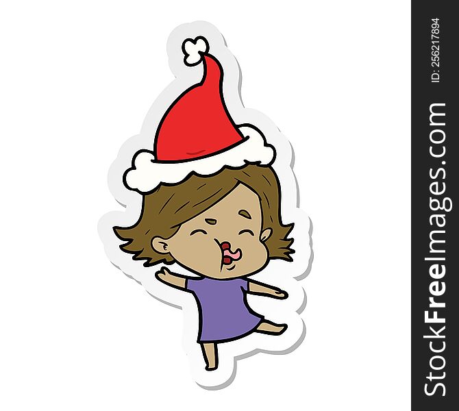 hand drawn sticker cartoon of a girl pulling face wearing santa hat