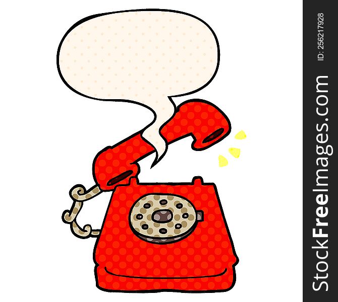 cartoon ringing telephone and speech bubble in comic book style