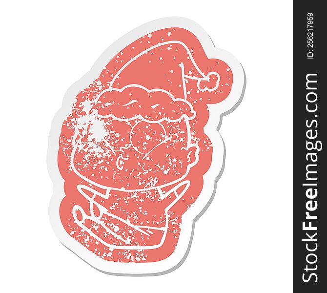 Cartoon Distressed Sticker Of A Bald Man Staring Wearing Santa Hat